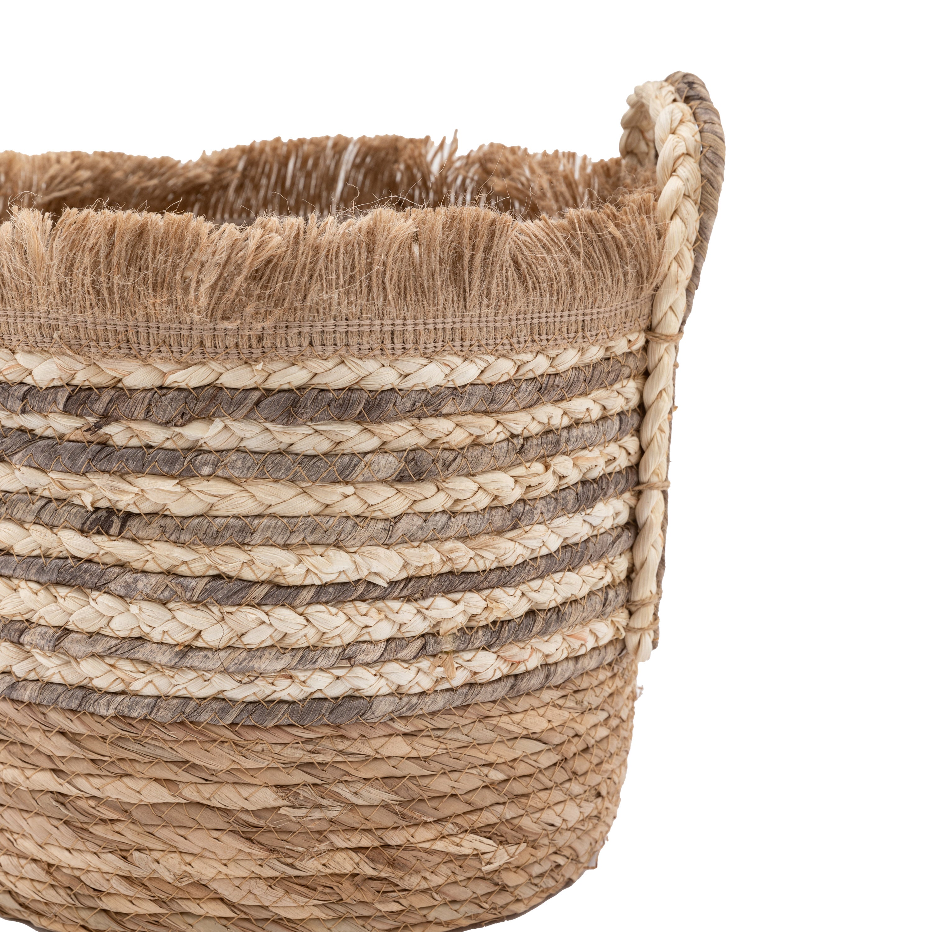Set of 3 Fringed Woven Baskets Brown Stripe